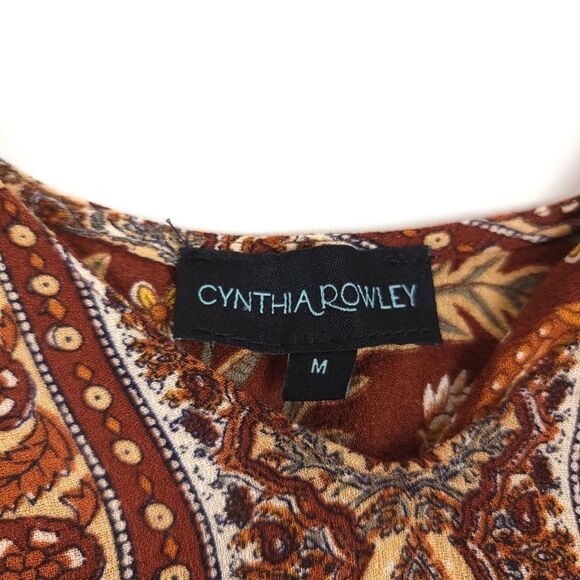 CYNTHIA ROWLEY Ruffled Sunflower Floral Print Blouse Brown Boho Womens Medium - Picture 2 of 6